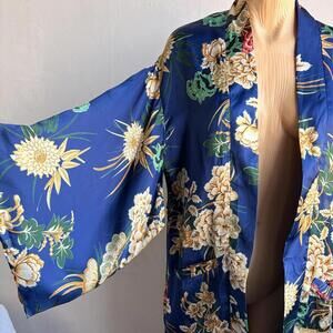 L’atiste by Amy Women’s Blue Floral Kimono Robe Jacket Boho Size M Asian Inspire